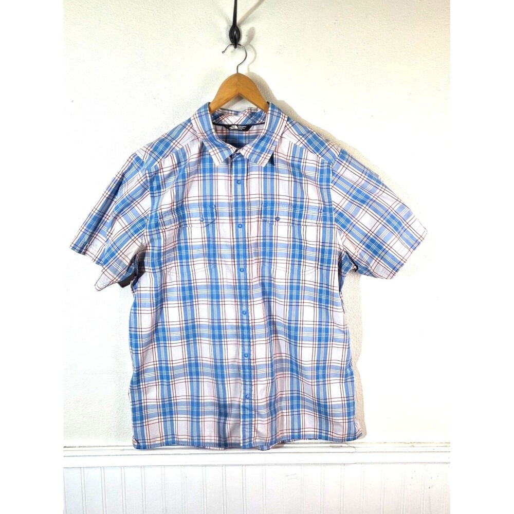 The North Face Mens XL Plaid Button Up Shirt Blue Red Short Sleeve Outdoor
